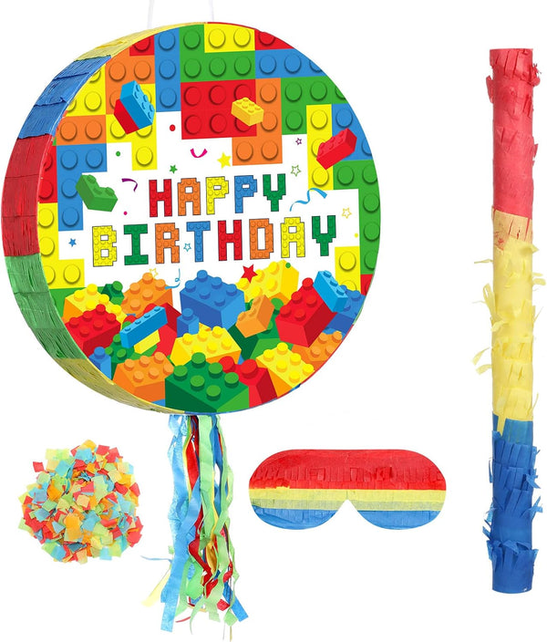 Building Blocks Piñata Set, Happy Birthday Block Party Supplies, Fiesta Piñata Bundle with Blindfold, Bat Stick,