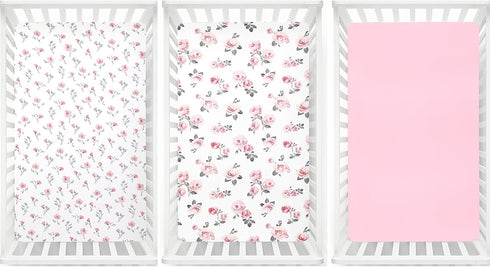 3 Pack 28x52 Inches PHF Soft Rose Floral Crib Sheets Fitted, Silky Comfy Breathable Baby Sheets for Boys Girls, Fits