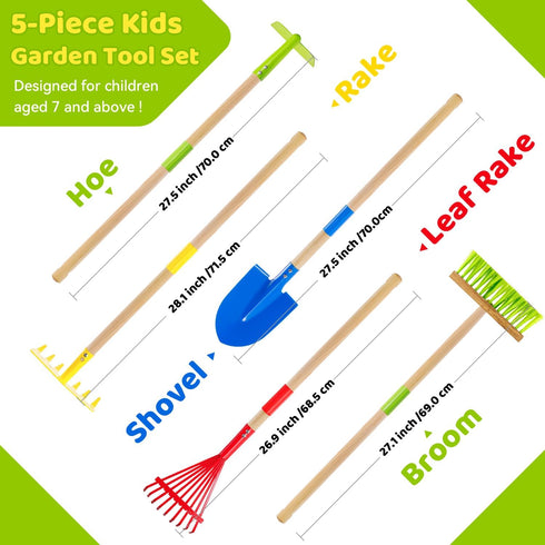 Set: 5-Piece Theefun Kids Garden Tool Safe Toddler Size Hoe, Rake, Shovel, Leaf Rake, Broom Kids Gardening Tools