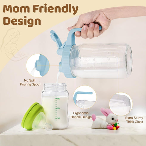 AoeJarry 32 oz Breast Milk Pitcher with Leak Proof Flip Cap & Pour Spout, Wide Mouth Mason Jars for Breast Milk Storage