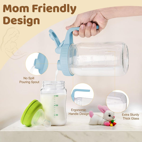 AoeJarry 32 oz Breast Milk Pitcher with Leak Proof Flip Cap & Pour Spout, Wide Mouth Mason Jars for Breast Milk Storage