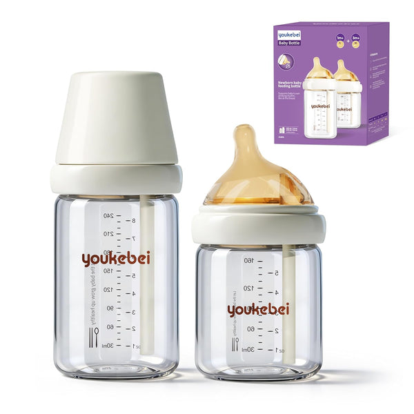 YOUKEBEI Natural Nursing Glass Baby Bottle - with Anti-Colic Vent System - BPA-Free,
