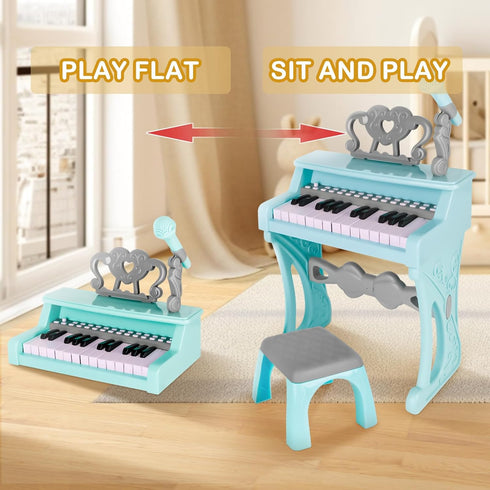 deAO Piano Keyboard Toy for Kids, 25 Keys Music Instruments with Microphone, Birthday Xmas Gift for Girls, Blue