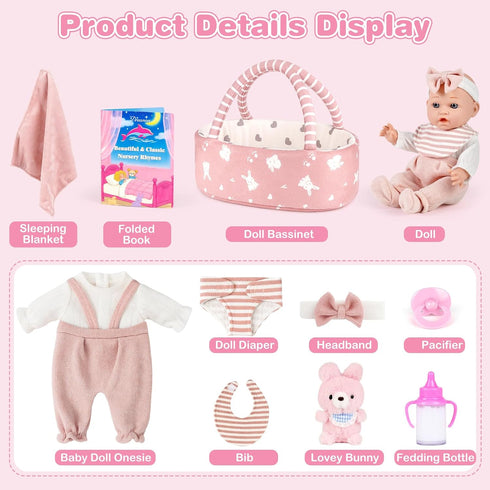 12'' Playset 11PCS Set Dreamon Baby Doll with Carrier Bassinet Bed, Baby Doll Accessories Includes Pacifier, Blanket