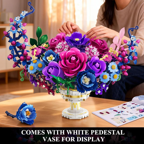 Set 1274 12+ PLAXSOON Moon Flower Bouquet Building with Lights, Mothers Day Flowers Botanicals Building Block Kit, PCS