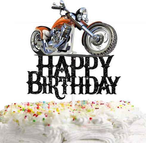 Happy Birthday Cake Topper, Motorbike Theme Kids Party Decor Picks for Motorcycle Racing Decorations (Black)