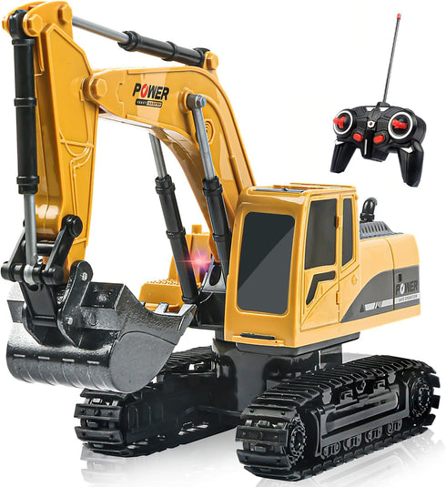 Remote Control Excavator Toy - RC Construction Metal Shovel Digger with Lights Sounds, 360 Rotation for Ages 3-10