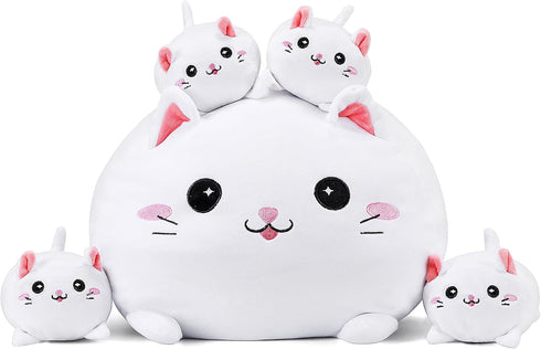 Cute Cat Plush Stuffed Animal with 4 Baby Soft Pillows, Birthday Gift for Kids