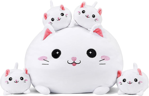 Cute Cat Plush Stuffed Animal with 4 Baby Soft Pillows, Birthday Gift for Kids