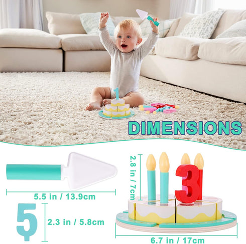 Set Birthday Cake Cutting Toys, Wooden Play Food for Kids Toddlers, Pretend Play Kitchen Toys for Boys Girls