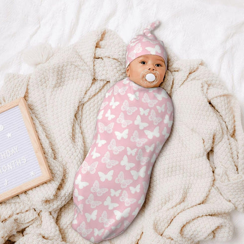 Broiteid Set,Baby Butterfly Pink Baby Stuff Newborn Pink Swaddle Blanket with Beanie Hat and Headband Swaddle Blanket