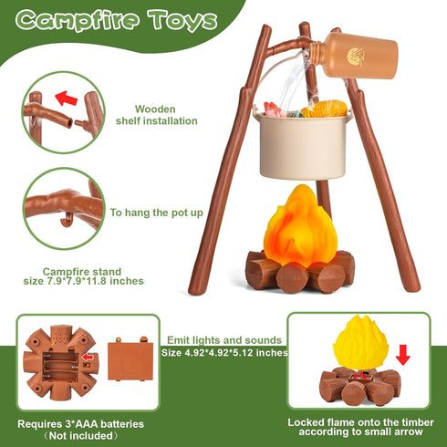 80PCS Kids Camping Toys Set - Play Tent Campfire Toys, Toy BBQ Grill Set, Pretend Cutting Play Food for Kids