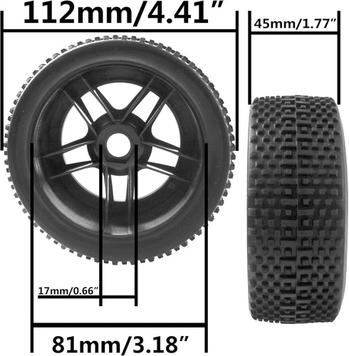 4Pcs ShareGoo 1/8 Buggy Tires, OD 4.4'', Rubber Tires & 17mm Hex Hub Wheel Rims Set for Redcat Teamc Losi HPI Kyosho