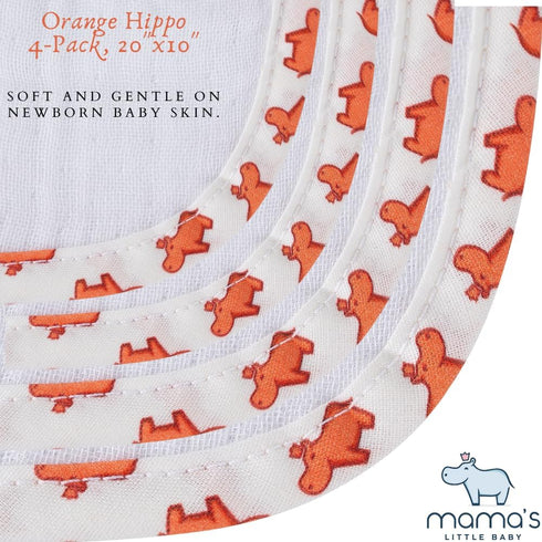 Mama's Baby - Muslin Burp Cloths Sets for Unisex 100% Cotton Hand Washcloths for Babies, Baby Essentials Perfect for Newborn Baby Burping Cloths/Burp Bibs (Orange Hippo, 4-Pack, 20" X10")