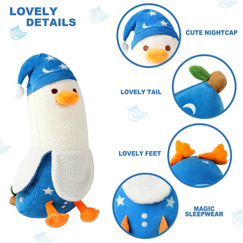 PEACH CAT Cute Long Banana Duck Plush Pillow Toy, 19.7" Duck Plushie with Nightcap for Kids