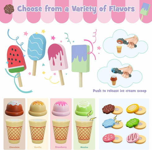 2 1 Set (63pcs), Counter 3+ SIMPLIPLAY in Portable Wooden Ice Cream Toy & Cookie Play Slice and Bake Cookies, Scoop