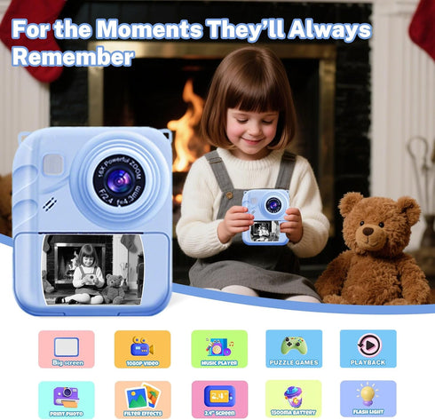QDH 1080P 3 32GB 3-12, Instant Print Camera for Kids, Video Camera with Print Rolls, Card & Cute Cover, Gift for Girls