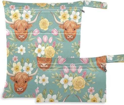 Burbuja Cow Flower Wet Dry Bags for Baby Cloth Diaper 2 Pack, Waterproof