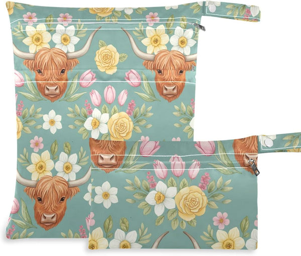 Burbuja Cow Flower Wet Dry Bags for Baby Cloth Diaper 2 Pack, Waterproof