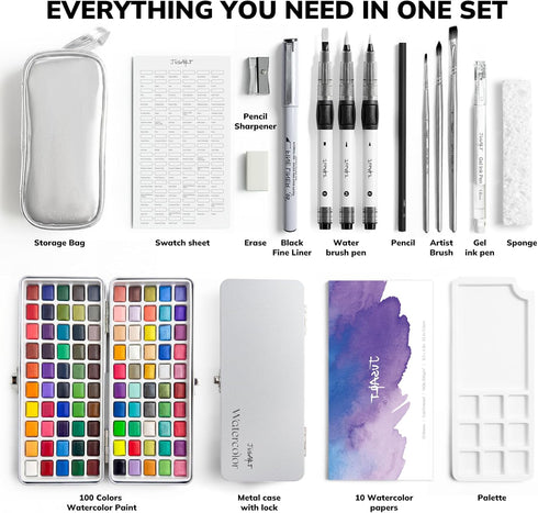 100 Set,Travel Set JusArt Colors Watercolor Paint Watercolor with Handbag,Art Supplies with Metallic Color, Detail