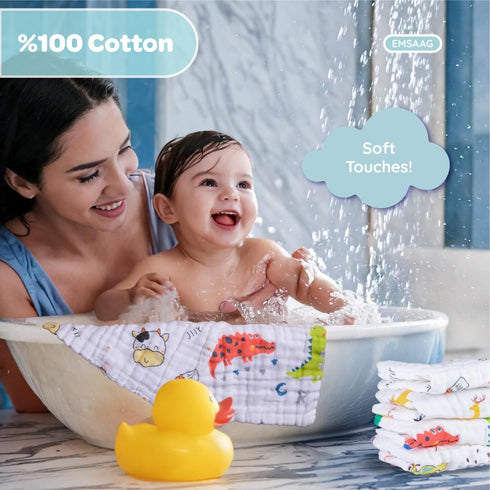EMSAAG Pack 7-Soft Towels,100% Pattern-10 10 Muslin Baby Washcloths of Sweat Cloths for Newborn,Absorbent Baby Bath