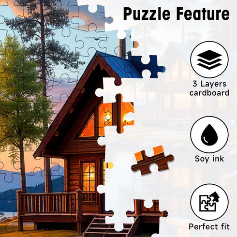 1000 Sunset 20x28 Lake Cabin Puzzles for Adults Pieces, Forest Landscape Jigsaw with Bonfire Lodge, Camping Scene