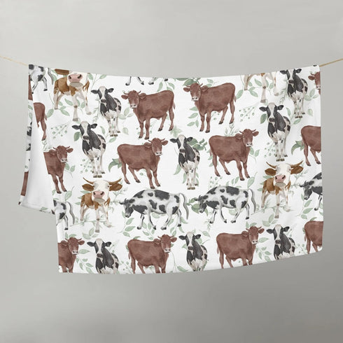 Watercolor Cows Baby Blanket, Farm Cows Green Leaves Flannel Swaddle, Soft Lightweight Receiving Blanket 30x40