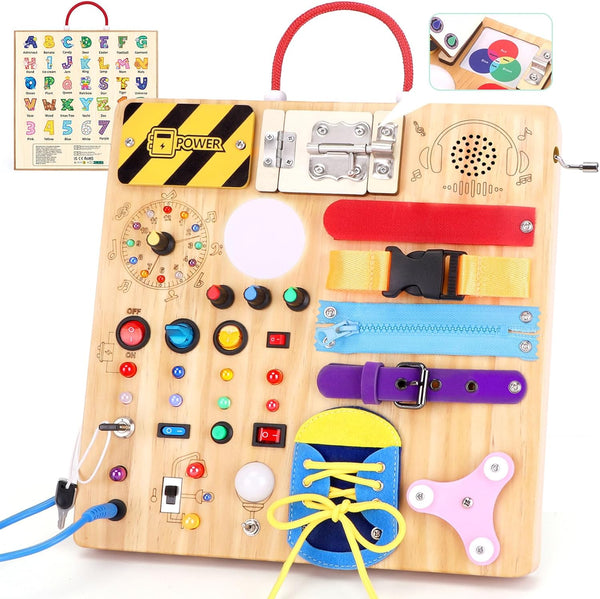 23-in-1 Montessori Busy Board with LED Lights Educational Wooden Activity Toy for