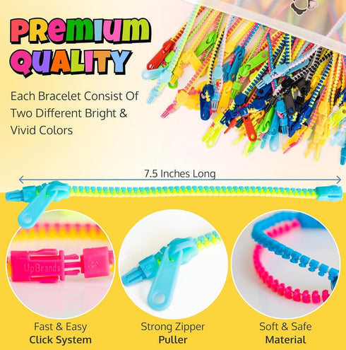 UpBrands 60 Party Favors for Kids, Friendship Zipper Bracelets 7 1/2”, Fidget Toys for Valentines, Birthday