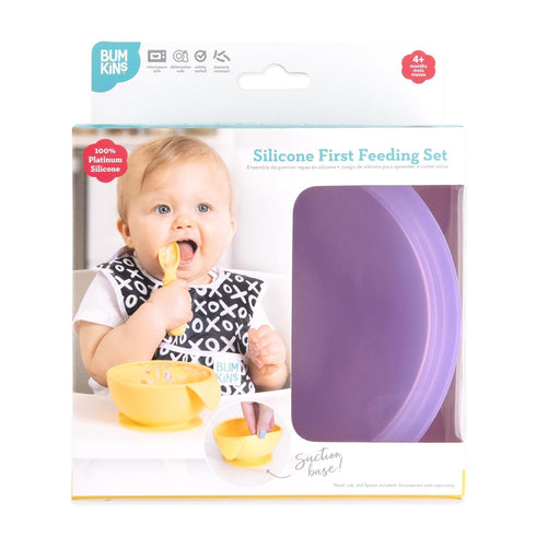 Bumkins Baby Bowl, Silicone Feeding Set with Suction, Includes Spoon and Lid, Training Essentials for Baby Led Weaning