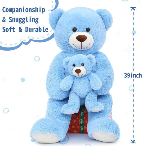 MorisMos Giant Teddy Bear 39 Inch, Soft Big Mommy and Baby Bear, Blue, Large Plush for Baby Shower, Valentine, Christmas