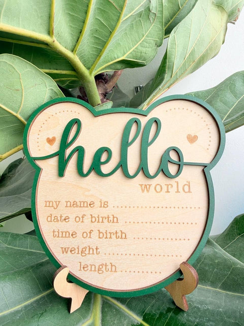 Kemmintvn Wooden Newborn Birth Announcement Ornament, Hello World Baby Keepsake Sign with Name Date Time Weight Length
