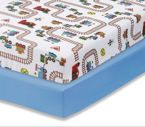 Everyday Kids 2 Pack Fitted Boys Crib Sheet, 100% Soft Breathable Sheet, Fits Standard Size Crib Mattress, Train/Light