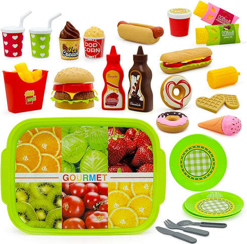 Taken All 26PCS Set 3 4 5+ Pretend Play Kitchen Food - Dessert Toys with Hamburger, Hot Dog, Fries, Drink & Tray