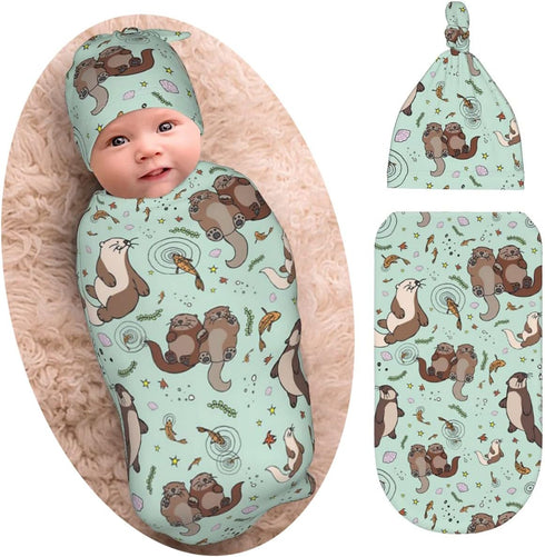 Osvbs Sets, Cute Sea Otters Newborn Swaddle Blankets Beanie Hat Soft Otter Baby Stuff Blanket Swaddle Sack for Baby