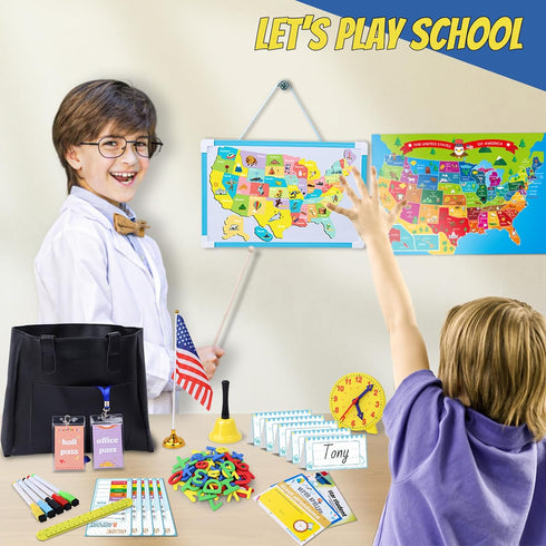 Gifts2U Sets Pretend Play School for Kids - With Teacher Bag, Whiteboard, Learning Clock, Educational Posters
