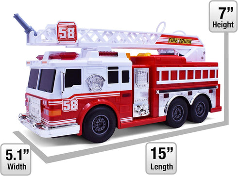 VEBO Fire Truck Motorized with Lights, Siren Sound, Working Water Pump, Rotating Rescue Ladder, Electric Fun Size 15"