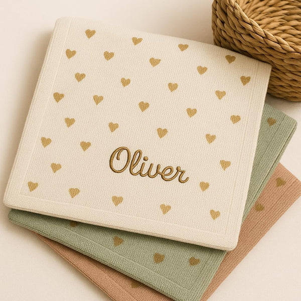 Personalized Baby Knit Blanket Custom Embroidered Name, Heart Pattern, Soft Cotton Yarn,