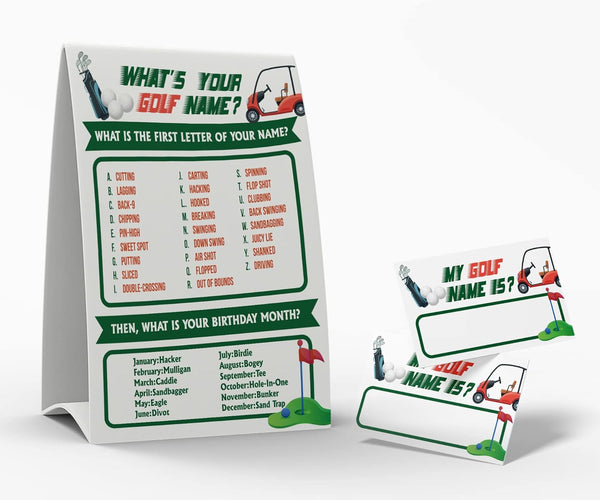 What's Your Golf Name Game, 1 Golf Theme Sign and 50 Name Tag Stickers for Baby Shower and Birthday