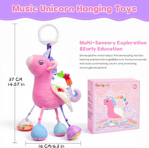 0-12 Car Seat & Stroller Toy for Girl - Musical Sensory Plush with Rattle & Mirror Baby Toys Months Hanging Travel