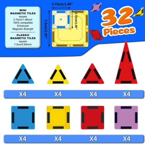 Set, 3+, 32 Mini Magnetic Tiles for Kids, Magnetic Building Construction STEM Travel Toys for Boy Girl Ages Montessori
