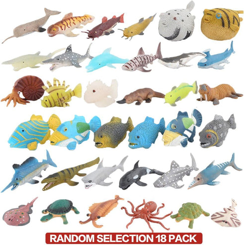18 Pack Set, Assorted Ocean Animal, Stretchy and Floating Rubber sea Animals Toy Mini Realistic Under The Sea Life