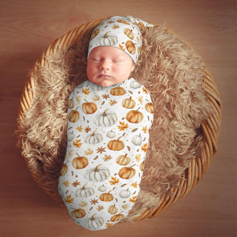 Sets Pumpkins and Anise Stars Newborn Swaddle Blankets Hat Soft Baby Receiving Blanket Swaddle Sack for Baby Shower