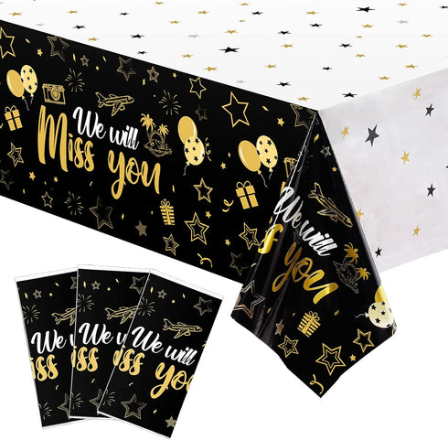 Tatuo 3 Pieces Gold We Will Miss You Tablecloth Going Away Party Decorations, Disposable Plastic Table Cover for