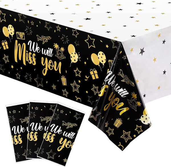 Tatuo 3 Pieces Gold We Will Miss You Tablecloth Going Away Party Decorations, Disposable Plastic Table Cover for