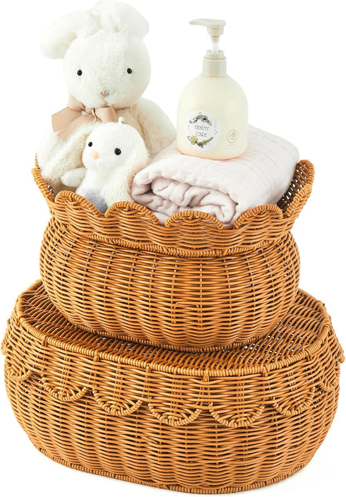 Juexica 2 Pcs Scalloped Rattan Baskets, Woven Rattan Wicker Storage Baskets with