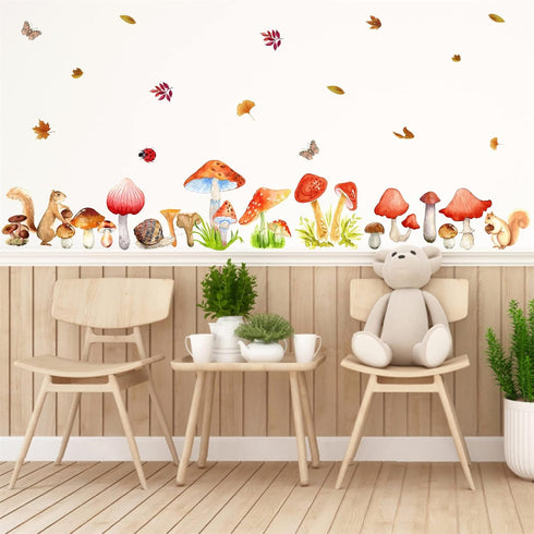 Watercolor Mushroom Wall Decals Colorful Mushroom Wall Stickers Cute Animal Autumn Leaf Wall Stickers Peel and Stick