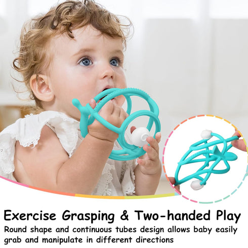 Mombella Teething Toys 6-12 Months - 2 in 1 Snail Baby Teether & Rattle Toys, BPA FREE (Teal)