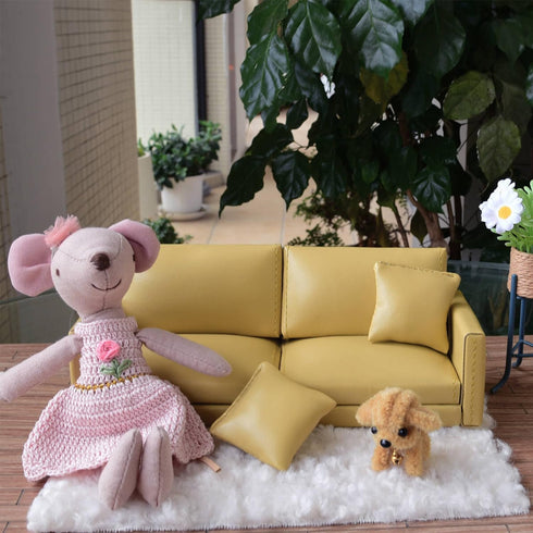 Minamzee 1:12 Dollhouse Leather Couch, Miniature Modern Double Sofa with Pillows, Dollhouse Luxury Couch Furniture