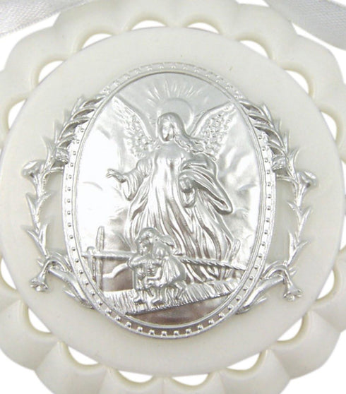 3 1/2 Inch Moulded Acrylic White Crib Medal with Guardian Angel for Baby Nursery Decor